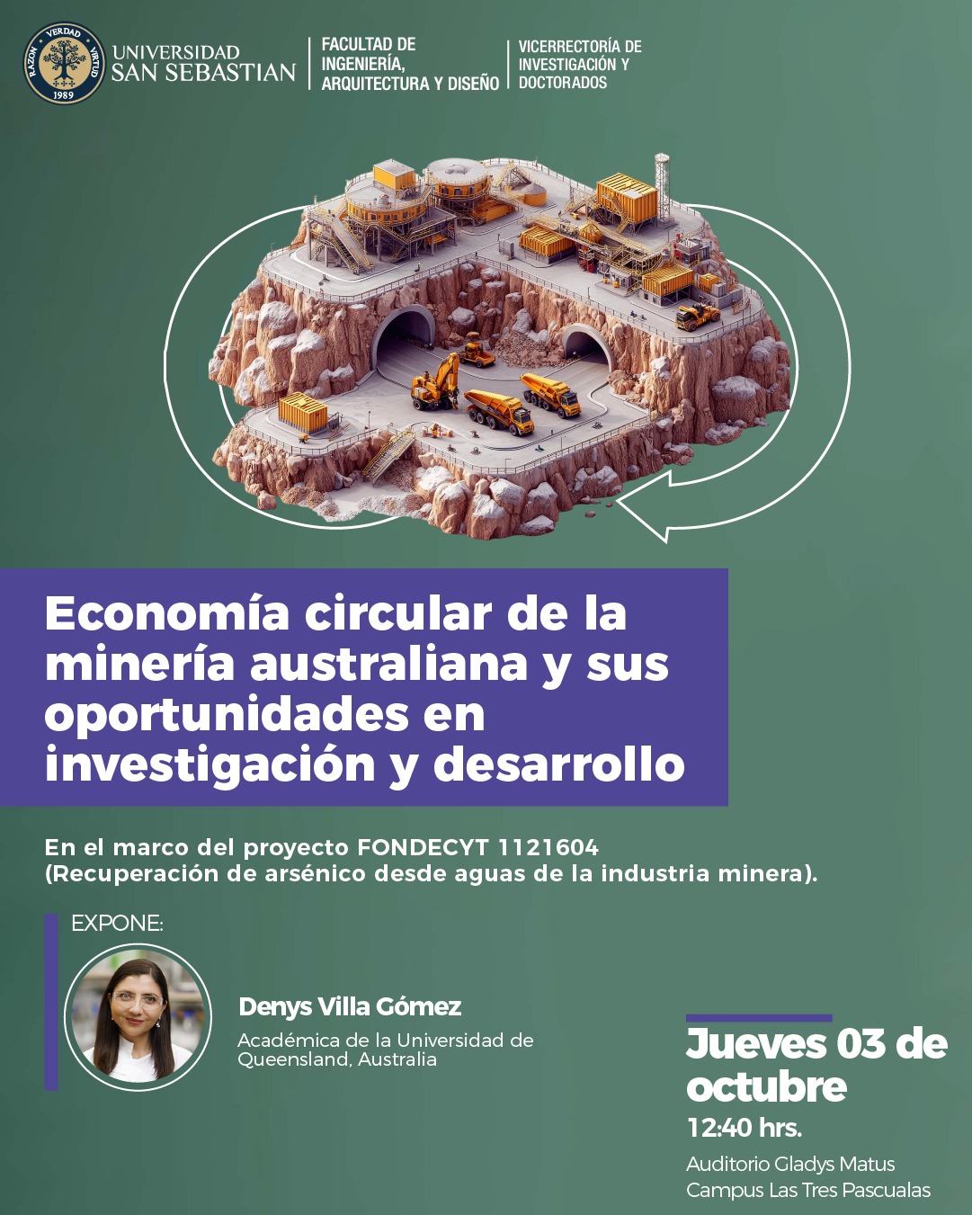 Afiche con todos los detalles de la Charla: Economía Circular de la Minería Australiana y sus Oportunidades en Investigación y Desarrollo