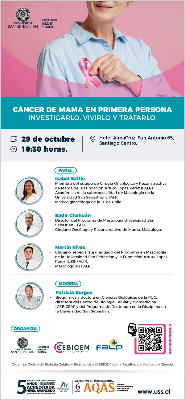 Afiche sobre la charla organizada por el CEBICEM sobre el cáncer de mama