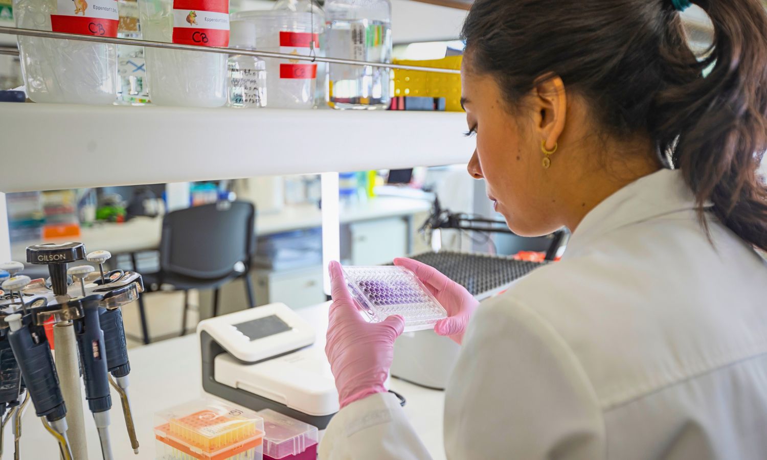 Imagen de una investigadora USS analizando una toma de muestras científicas en el laboratorio institucional de sede Los Leones