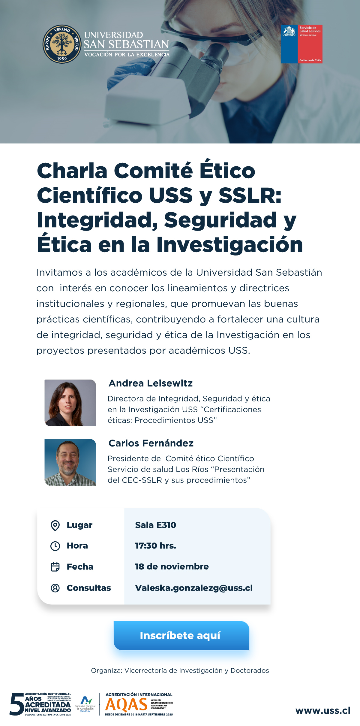 Afiche con todos los detalles de la Charla Comité Ético Científico USS y SSLR