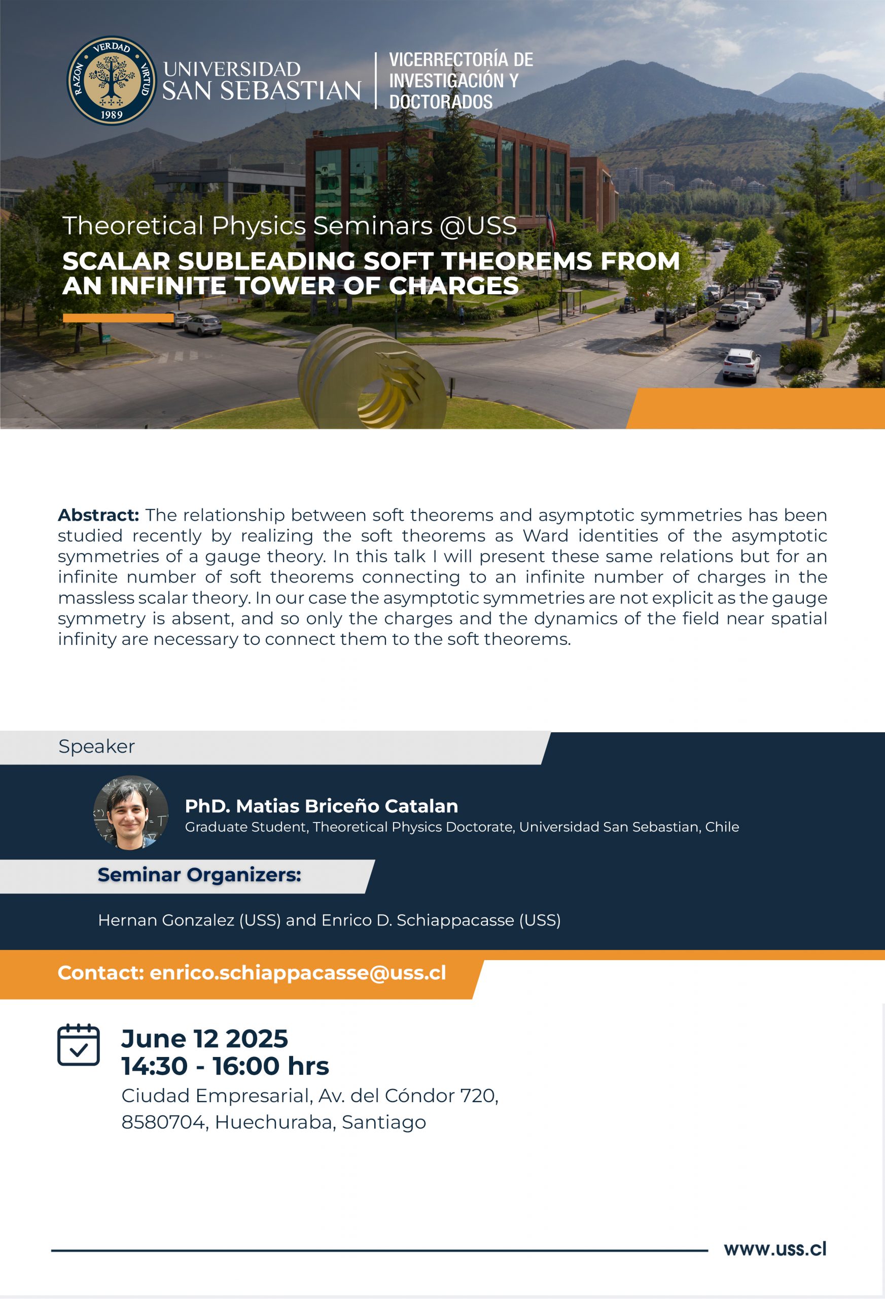 Afiche Theoretical Physics Seminars: Scalar subleading soft theorems from an infinite tower of charges